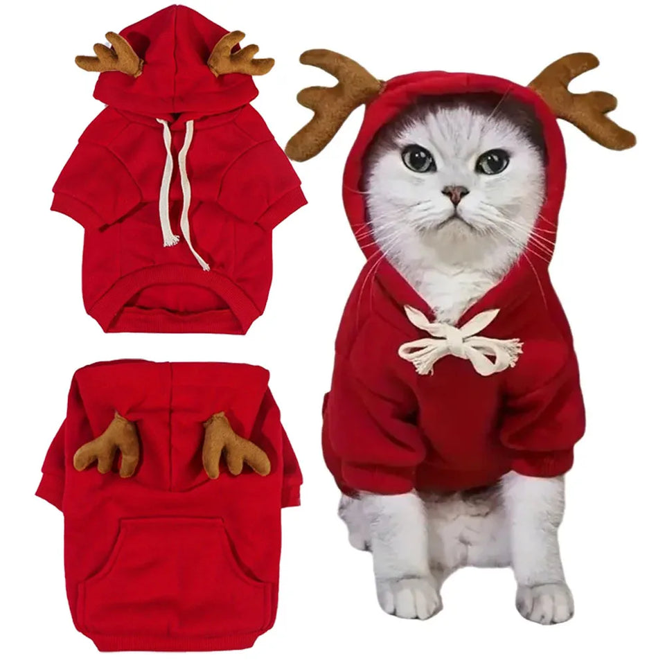 Dog Red Christmas Elk Costumes Winter Pets Hoodie Warm Sweatshirts with Pockets for Small Medium Dogs Puppy Cats Party Clothes