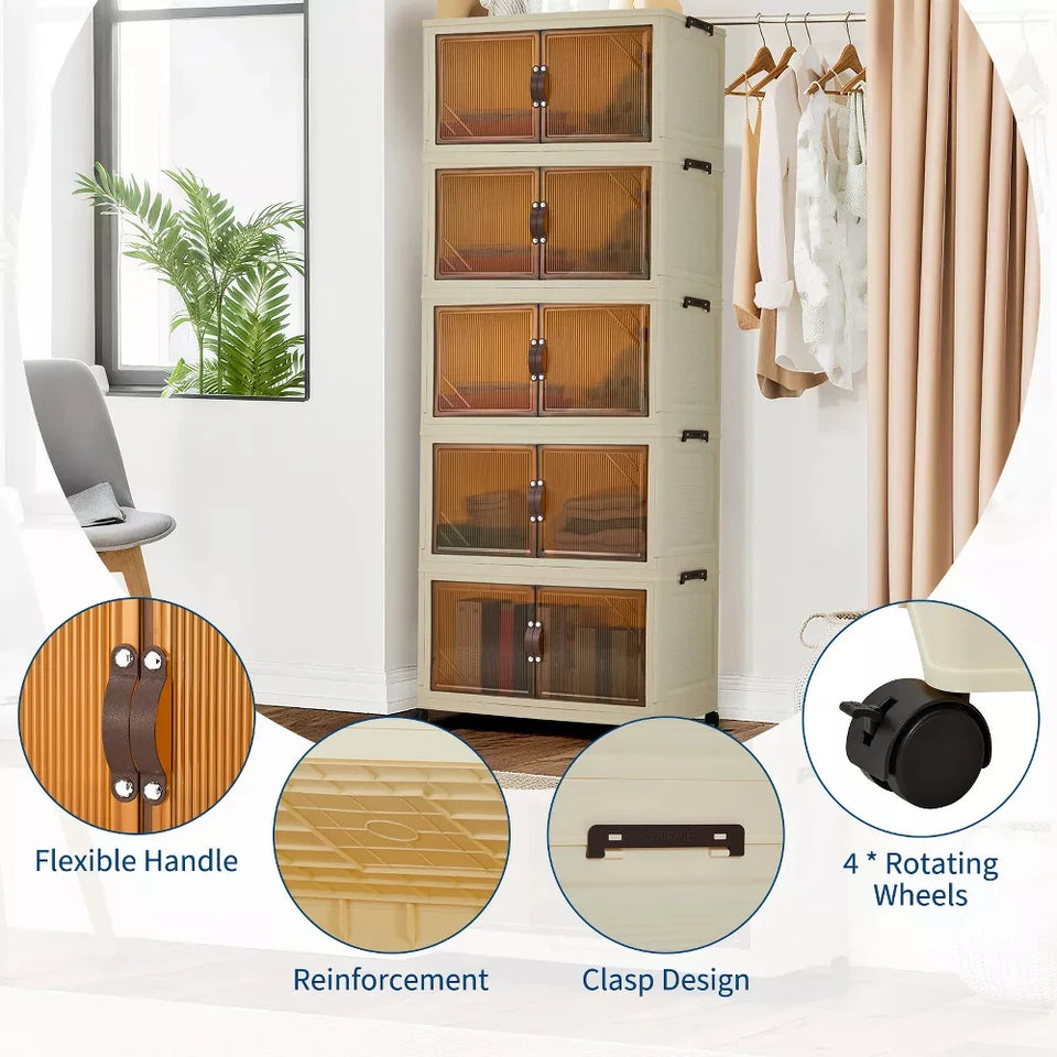 3/4/5-Tier Foldable Storage Cabinet with Lids & Wheels, Stackable Plastic Organizer for Closet, Bedroom, Office & Kitchen