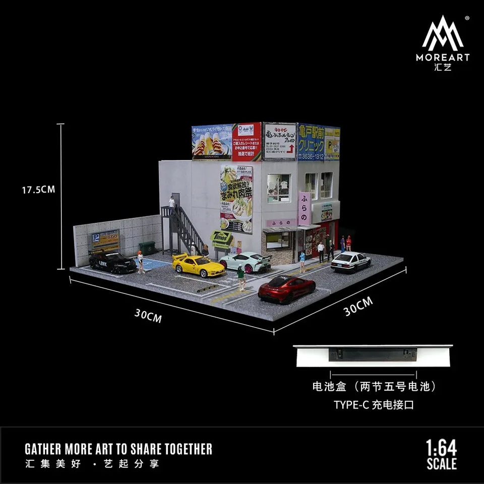 Diorama 1/64 Car Parking Lot with LED Lighting Japanese Commercial Building Model Scene Garage Display Model US