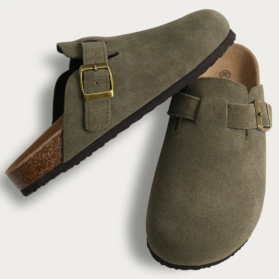 Gacimy Women Fashion Thick Sole Leather Clogs Slippers Classic Women's Mules Cork Clogs Slipper Outdoor Deep Heels Shoes Sandal