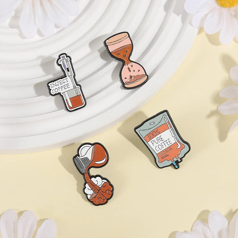100% Pure Coffee Iv Bag For Medical Enamel Pins Creative Coffee Filling Brain Inject Coffee Brooch Clothes Lapel Badge Jewelry