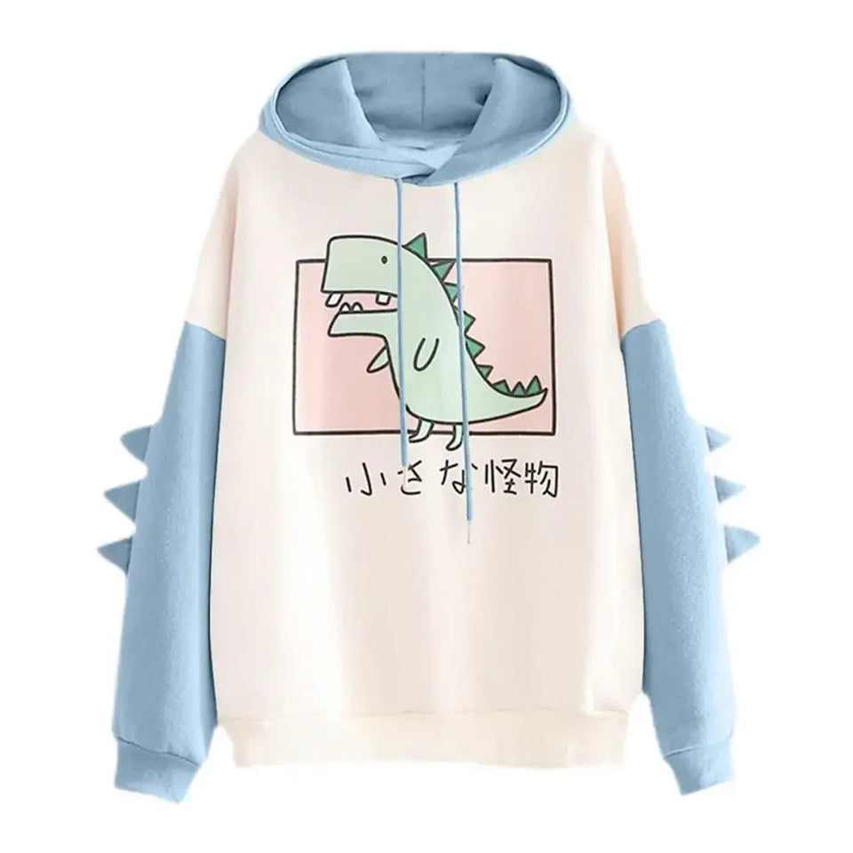 Winter Cute Dinosaur Cartoon Hoodie Women Fashion Sweatshirt Casual Print Long Sleeve Korean Style Splice Tops Kawaii Clothes