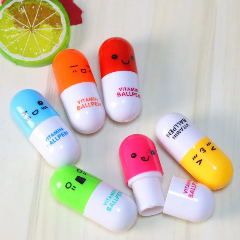 6pcs/lot Korea Stationery Smiling Face Pill Shape Ballpoint Pen Cute Cartoon Favor Retractable Ball Pen