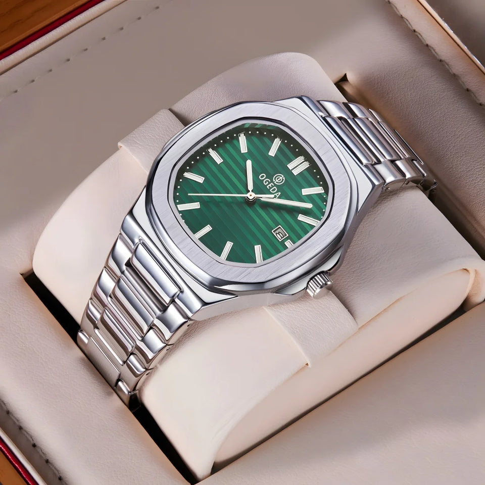 OGEDA 2024 new 40MM square men's quartz watch glass stainless steel waterproof 3Bar luminous C3 reloj hombre watches for men