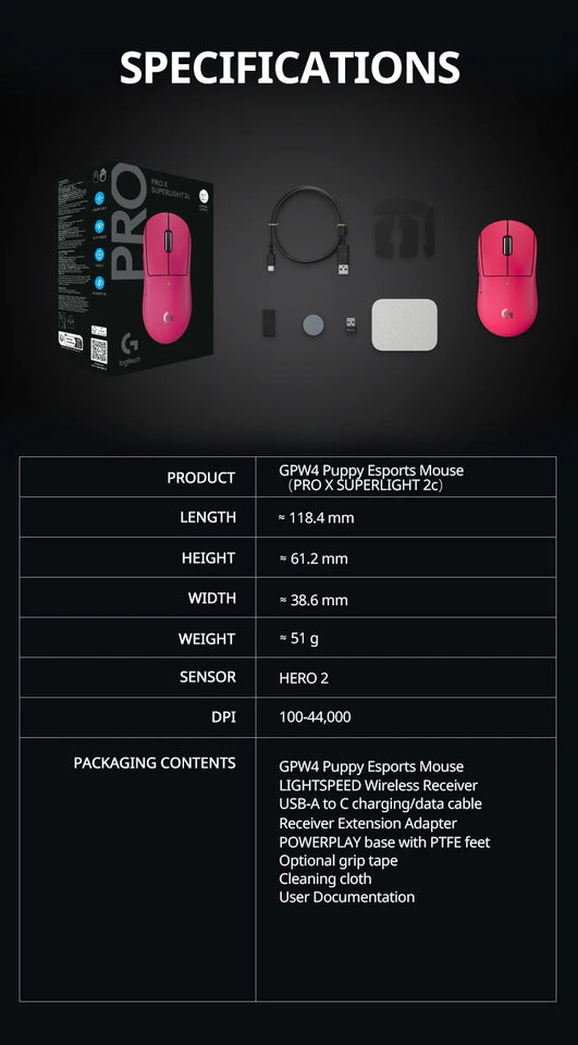 Logitech G PRO X SUPERLIGHT 2c wireless gaming mouse, 51g, HERO 2 sensor supports up to 44000DPI and 888IPS, 8KHz