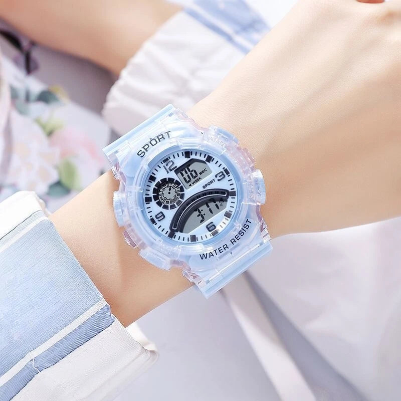 Electronic watch, translucent adolescent student multi-functional sports electronic watch