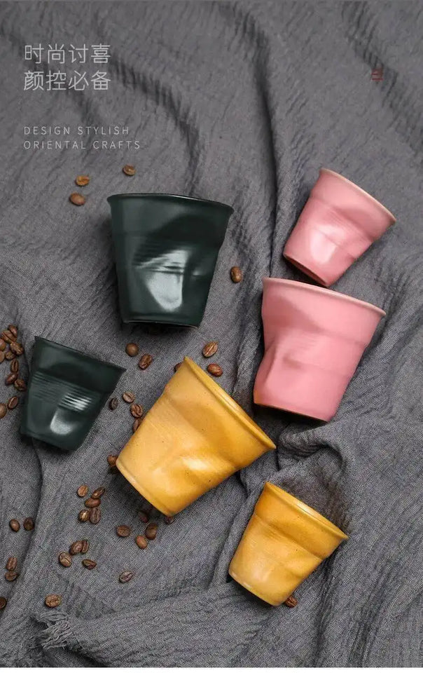 Coarse Pottery Coffee Cup   Hand Kneaded Pleated Cup Ceramic Latte Cup Espresso Cup Afternoon Tea Cup Vintage Cup
