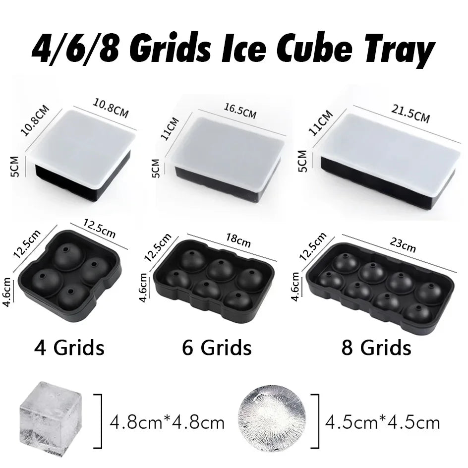 Ice Cube Tray Silicone Ice Ball Freezer Mold Square Ice Cube Maker with Lid 4/6/8 Grids for Whiskey Cocktail Coffee Accessories