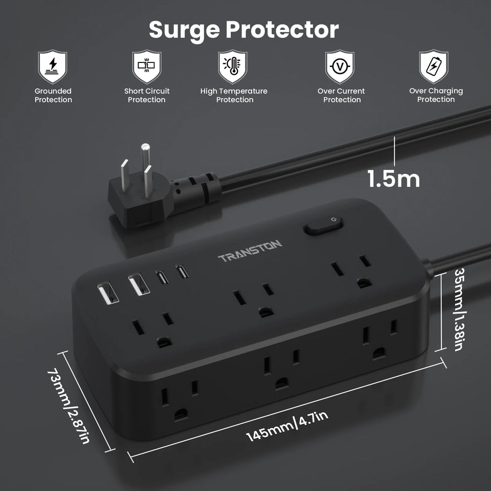 black-power strip surge protector with 6 AC Outlets,2 USB & 2 USB-C Fast Charging Ports,10 in 1,45°tilt plug,Advanced Protection