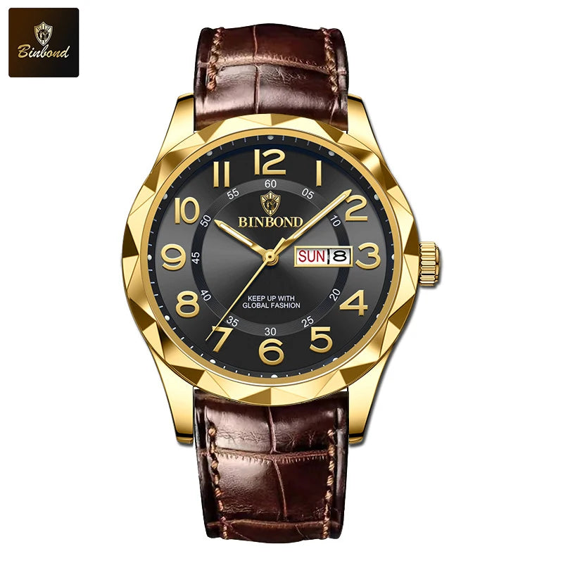 BINBOND New Fashion Mens Casual Sports Watches For Men Retro Big Dial Quartz Watches Classic Leather Business Men Watches B5663