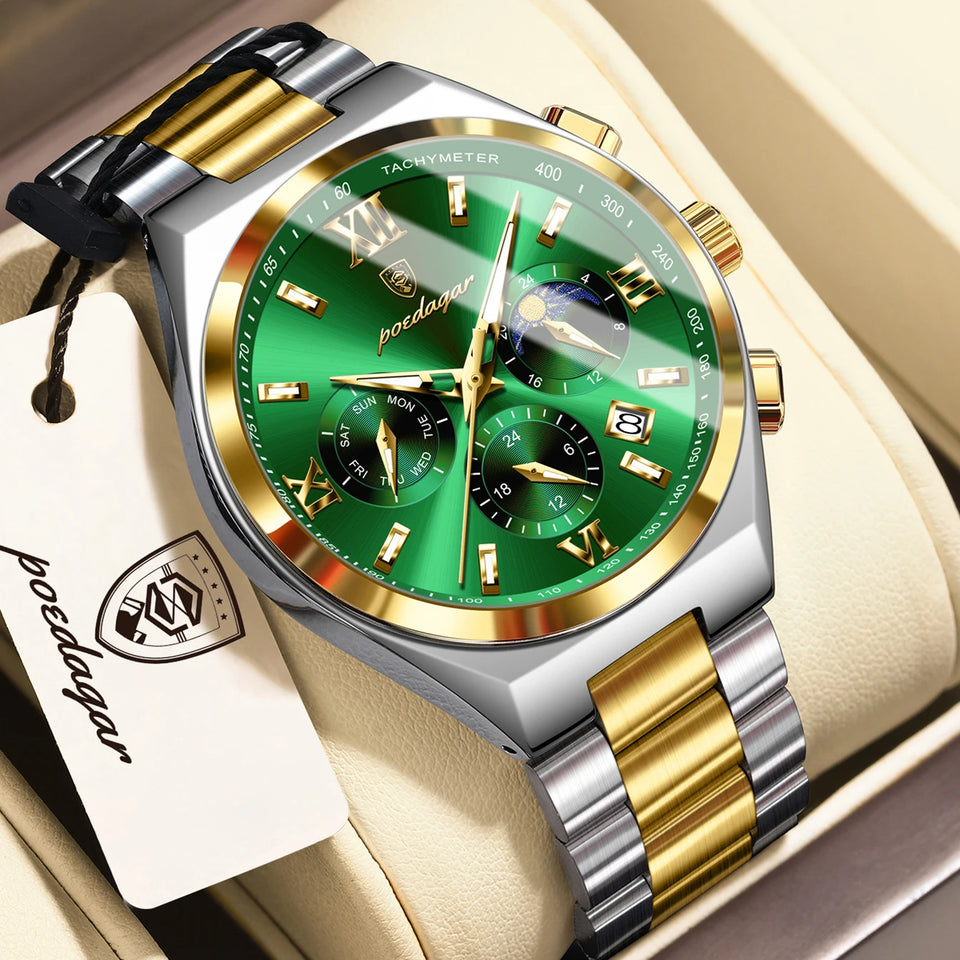 POEDAGAR Fashion Functional Man Wristwatch Luminous Week Date Business Watch For Men Stainless Steel Sports Men's Quartz Watches