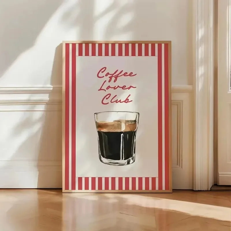 Retro Coffee Club Canvas Print Chic Food Beverage Beige Background Wall Art Posters for Modern Living Room Bedroom Home Decor