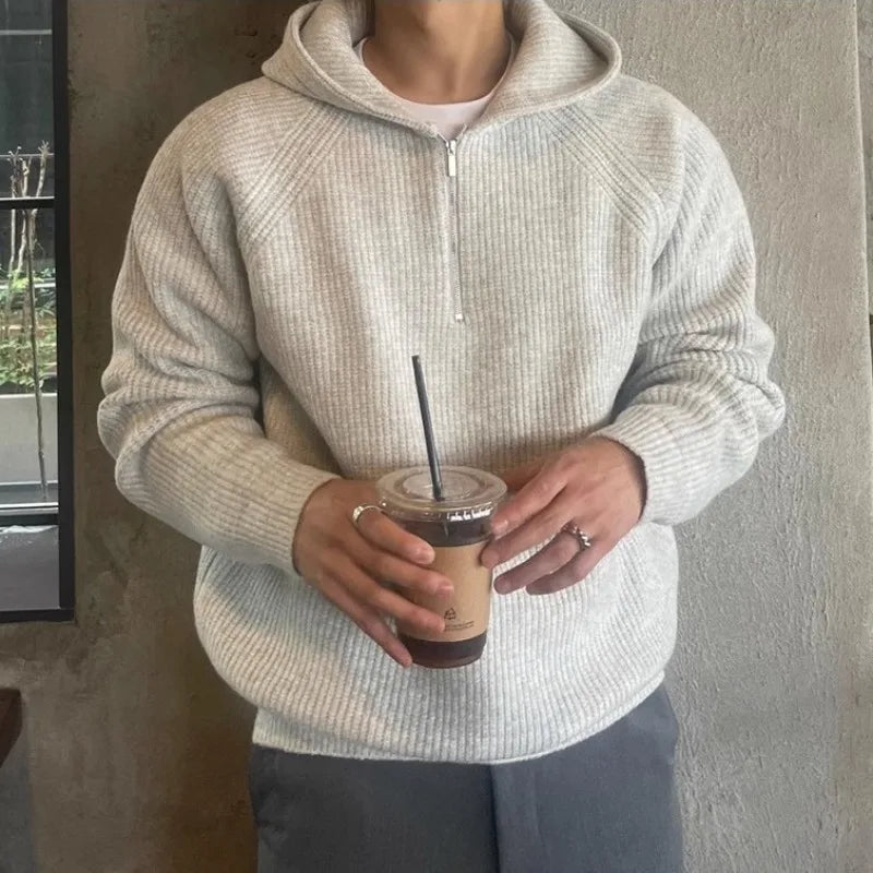 Men's Hooded Sweatshirt Knitting Solid with Zipper Male Hoodie Clothing Deals Cotton 90s Vintage Luxury Y2k Emo Tops Simple Warm