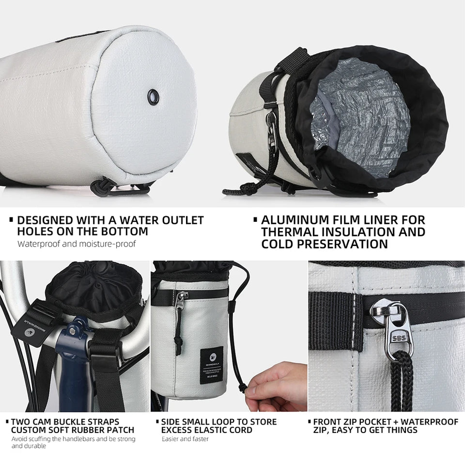 Rhinowalk Bicycle Handlebar Bag 1.6L Insulated Water Bottle Bag Cycling Front Tube Bag Commuting Morandi Color Shoulder Pack