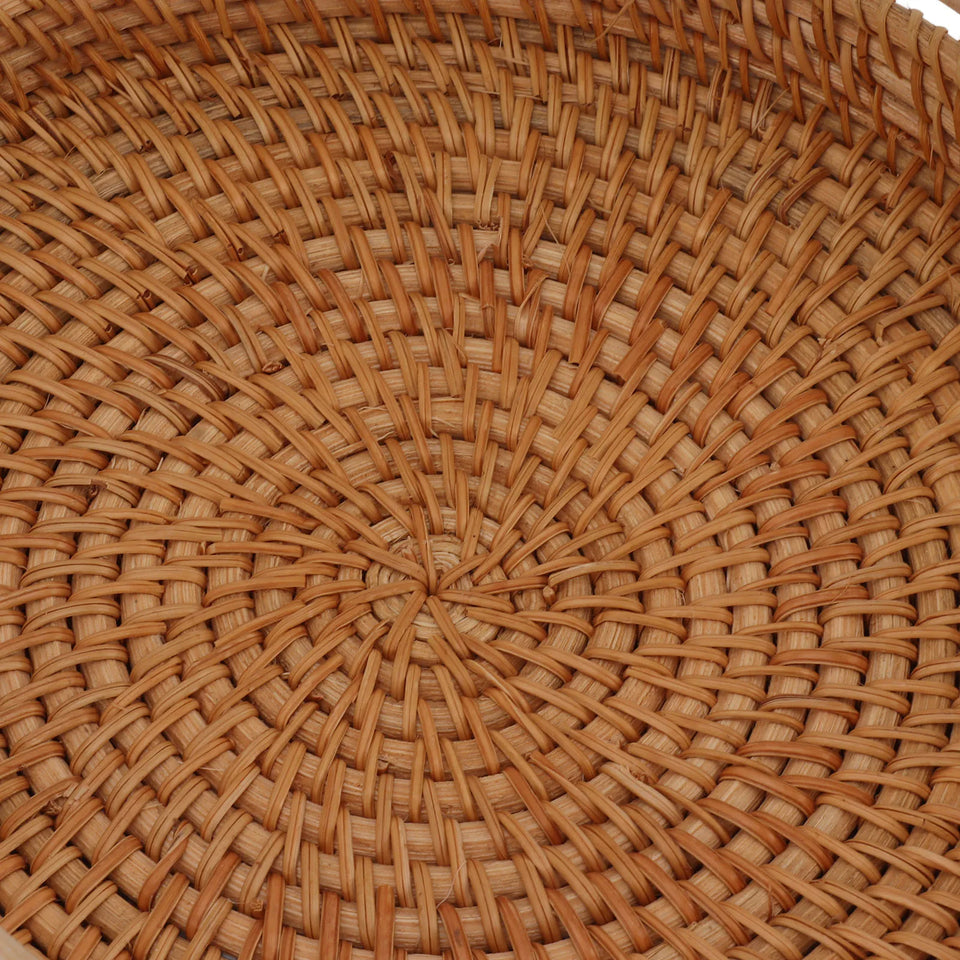 Coffee Table Decorative Tray Traditional Design Round Serving Tray with Solid Wood Handle Hand Woven Large Capacity for Home