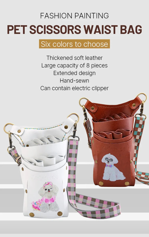 Fenice scissors storage bag,hold 8 scissors, 8 paintings, 6 colors cowhide,waist bag, pet beautician, barber's special waist bag
