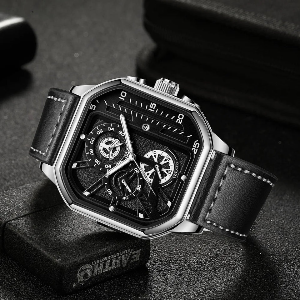 Men Quartz Watches Alloy Dial Business Men Watch PU Leather Strap Big Dial Square Sports Watch Cool Black Wristwatch for Man