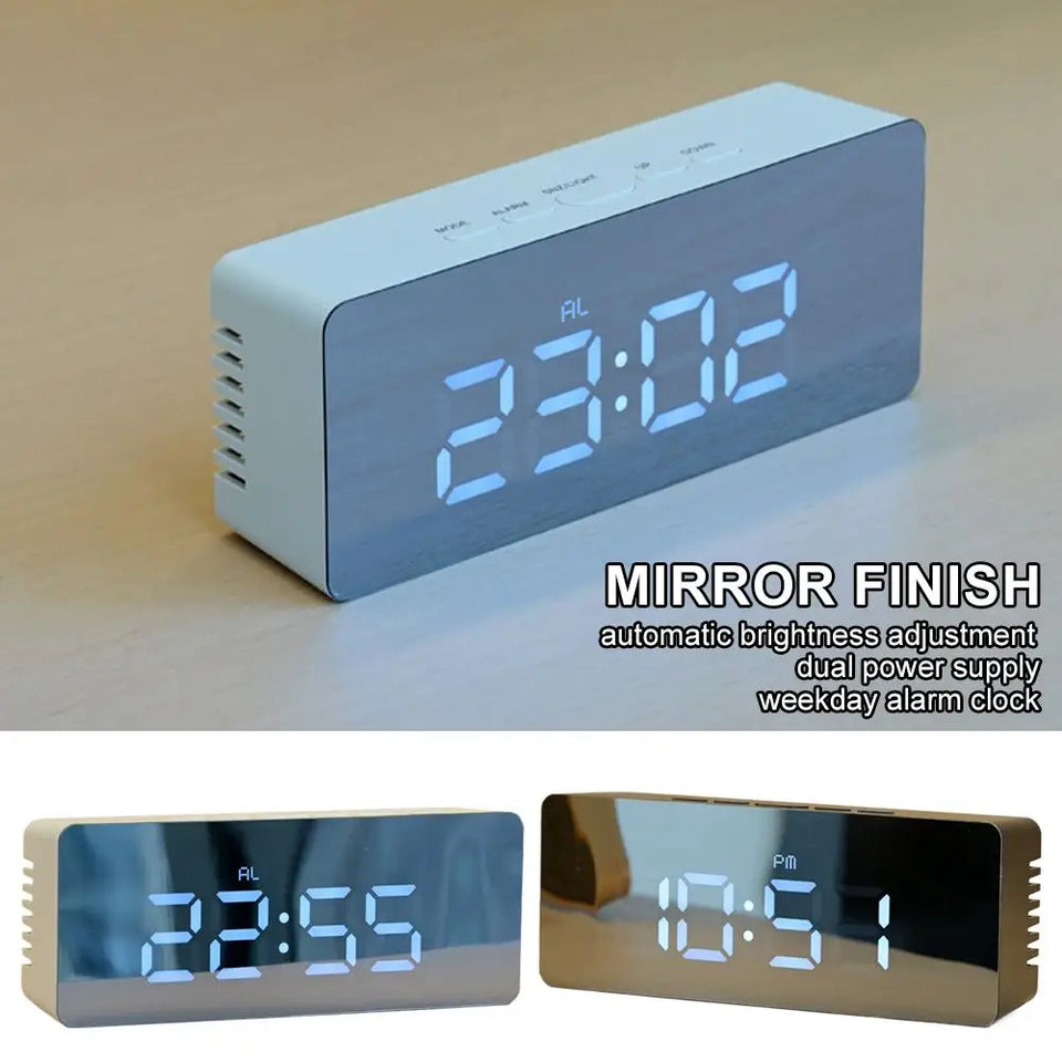 Electronic Mirror LED  Digital Alarm Clock, Temperature Date Display Mini Table Clock for Bedroom Home Office Teens Kids