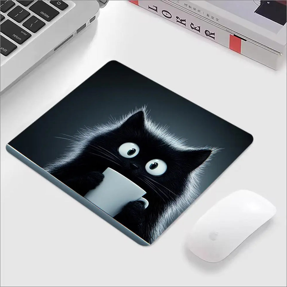 Kawaii Coffee Cat Mouse Pad Black Square Gaming Accessory Rubber Deskmats HD Non-Slip Computer Keyboard Mat New Laptop Mousepad