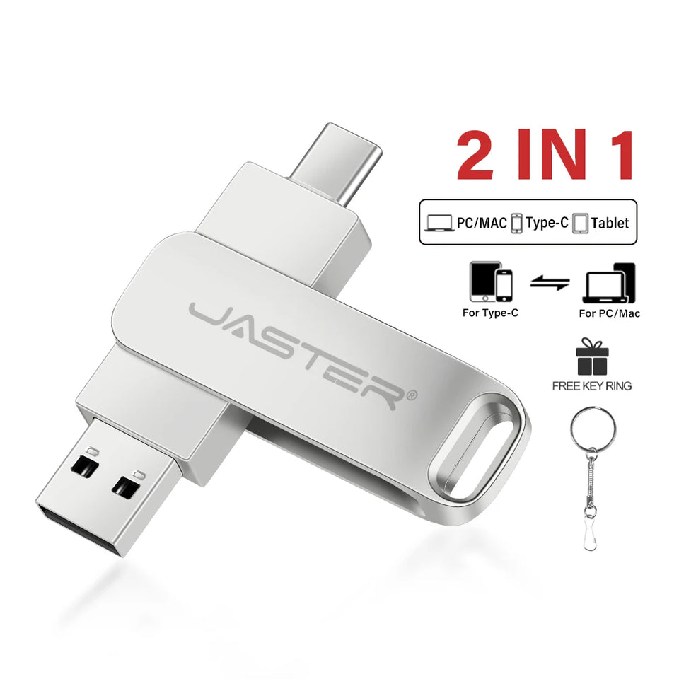 JASTER Metal USB TYPE-C 2 IN 1 Pen Drives 16GB silvery Flash Drive 64GB Commercial Affairs Gifts Memory Stick 4GB 8GB 32G U Disk