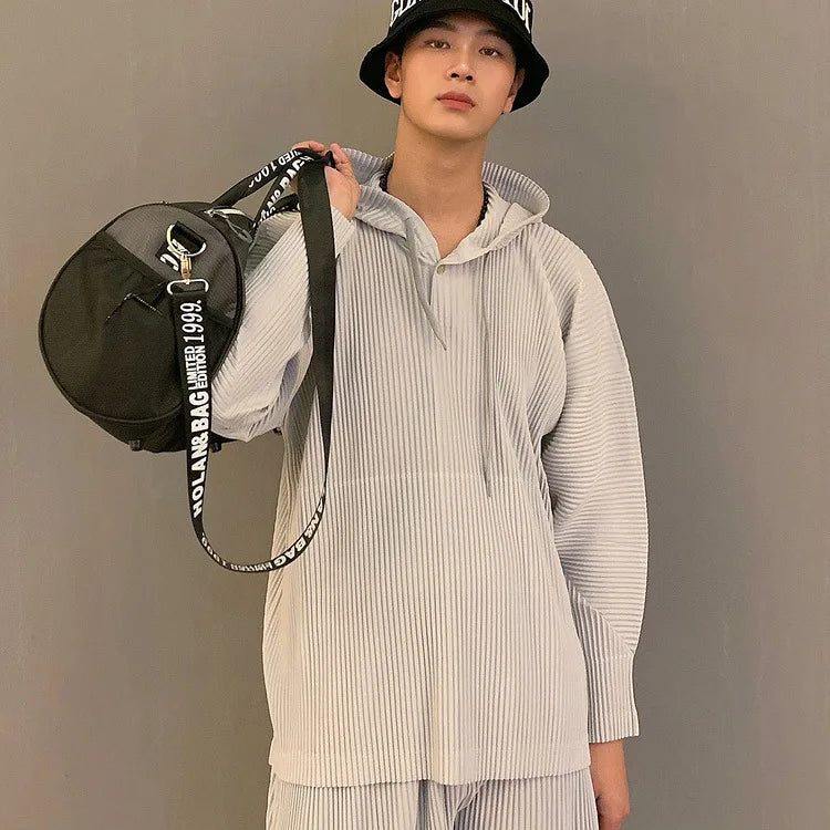 Miyake Pleated Men's Sweatshirt Hoodie Classic Pleated 2025 Summer New Tops Loose Casual Simple Drawstring Pullover Hoodie Male