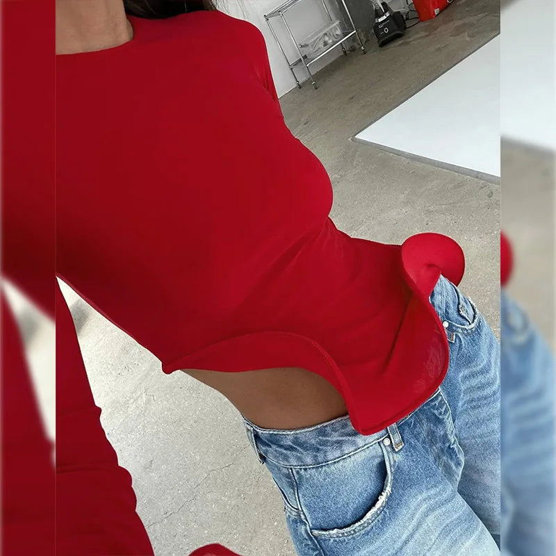 Shestyle Red Asymmetrical Ruffles T-Shirts Women Iron Shape Crew Neck Autumn Glowing Flare Sleeve Crop Tops New Arrivals Tees