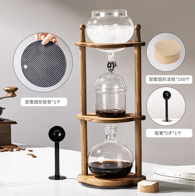 Home European American ice drip coffee pot Cold brew pot Wooden hand brew coffee set Ice brew coffee pot drip type