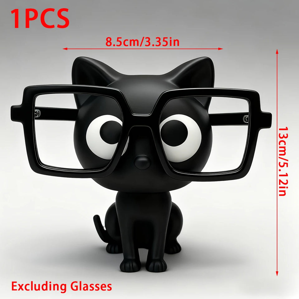 Cute Black Cat Glasses Holder Fashion Eyeglass Stand with Sitting Kitten Pose Adorable Desk Organizer for Home Office Room Decor