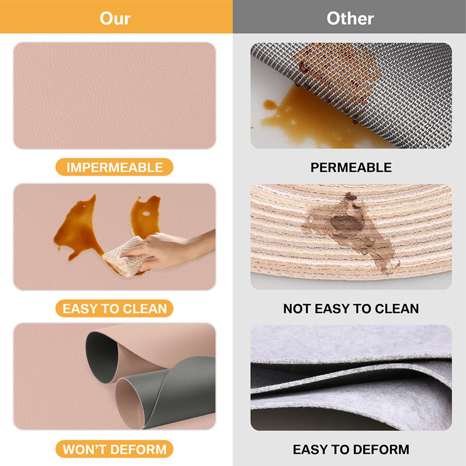 Double Sided Anti Slip PU Pad Table Mat with Coaster Oil-Proof Waterproof Leather Placemat Kitchen Dinner Coffee Tables Mats