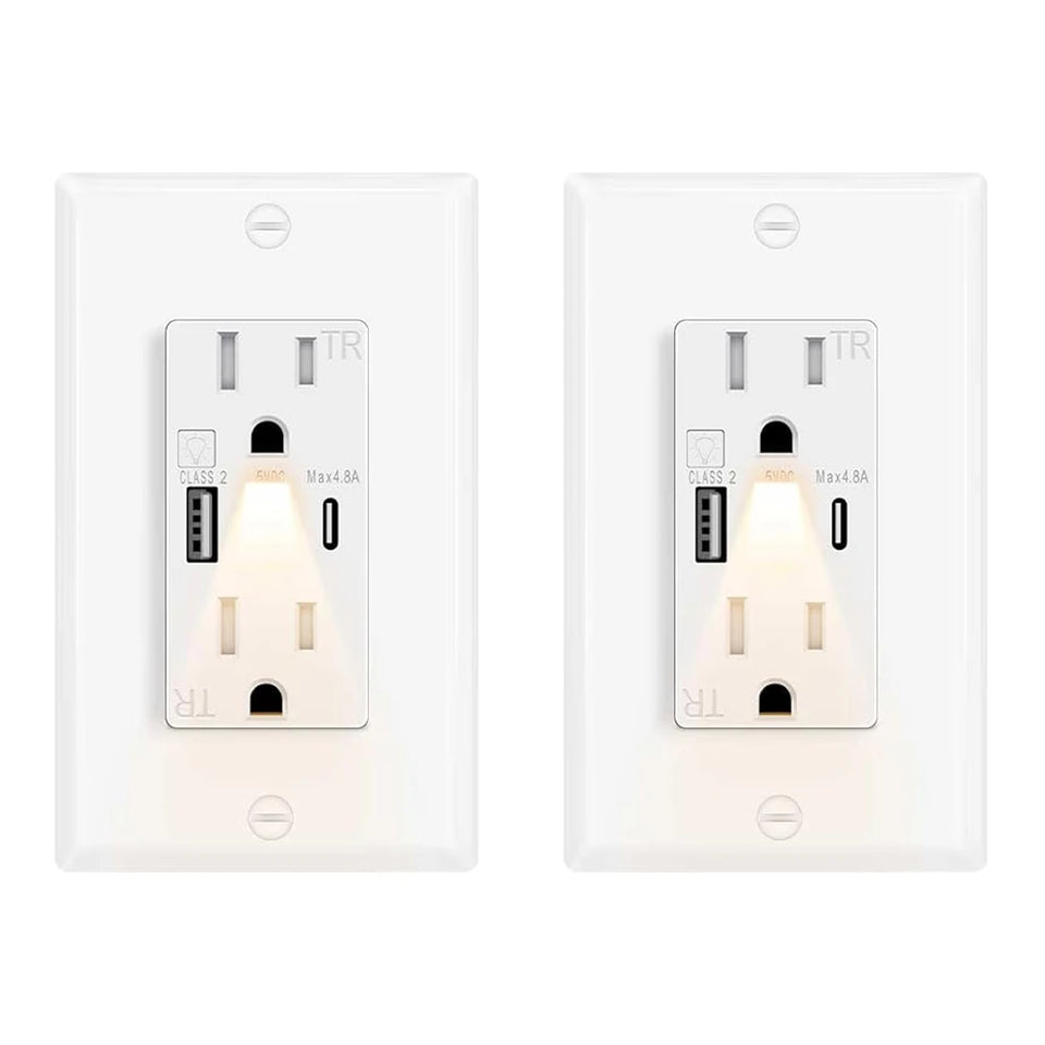 LED Night Light Outlet with 24W USB C+A Fast Charging, 4.8A, On/Off Switch
