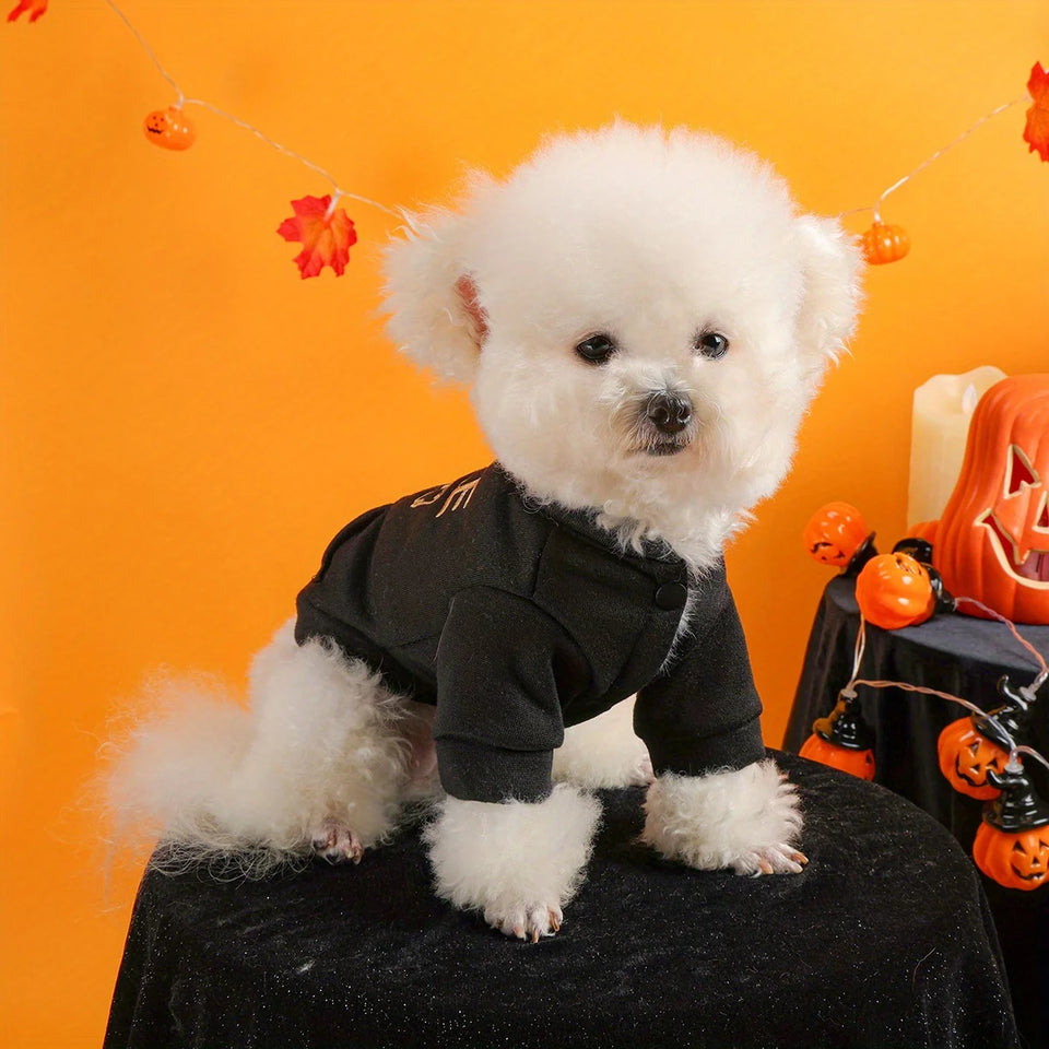 Black Cloth Halloween Sweater Pet Clothes Dog Cat Black Halloween Handsome Funny English Embroidery Traction Open Button Jacket