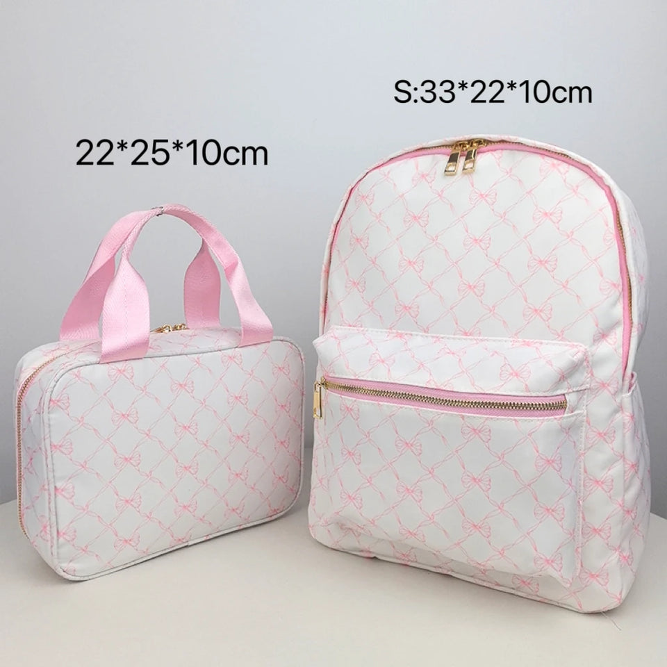2PCS/SET Trendy Flower Bow Printing School Bag Lunch Bag Large Capacity Nylon Backpack Cute Students Insulation Ice Bento Box
