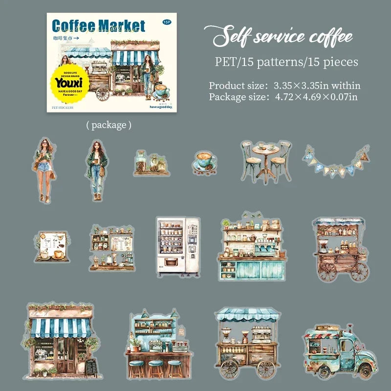 Coffee Bazaar Series Sticker Pack 6 Coffee Shop Diorama Themes 15Pcs Journal Decor for Cafe Lovers