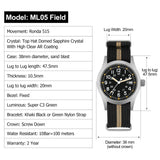 Militado ML05 Men's Watch Ronda 515 Quartz Movement Watch Dome Sapphire High Transparency AR Coating Night Light Watches Retro