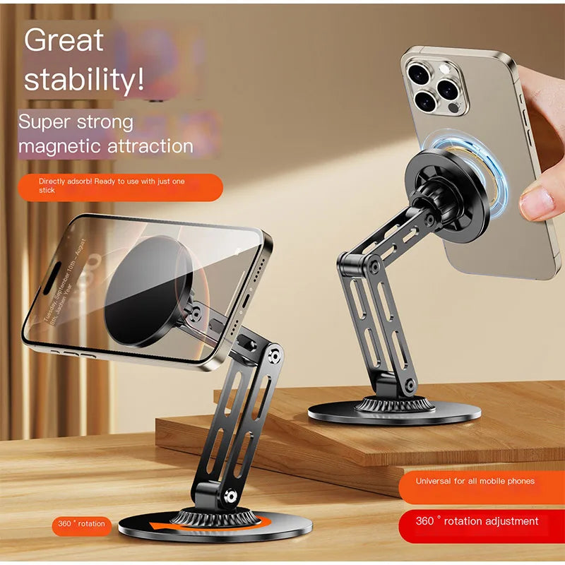 Magnetic Metal Phone Stand for Desk, 360° Rotating & 3-Axis Adjustable Height Hands-Free Live Streaming & Bedside Tablet Holder