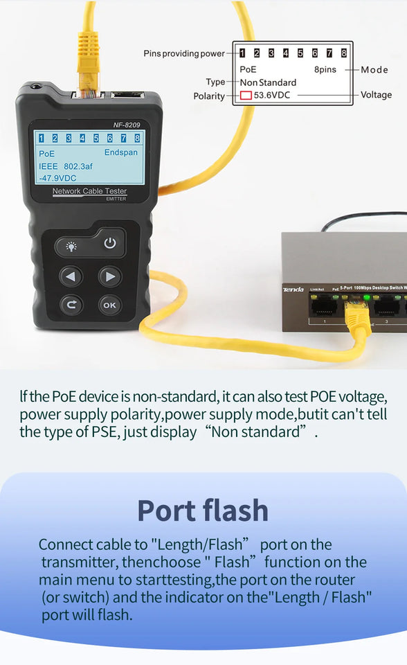NOYAFA LCD Display Measure Length Tracker NF-8209 Cable POE Wire Checker Test Network Tool Scan Cable Wiremap Tester