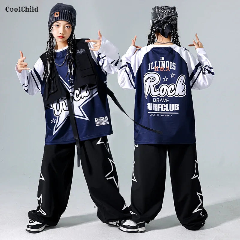 Girls Hip Hop Star Sweatshirt Vest Joggers Pants Boys Cool Streetwear Clothes Set Kids Children Jazz Street Dance K-pop Costumes