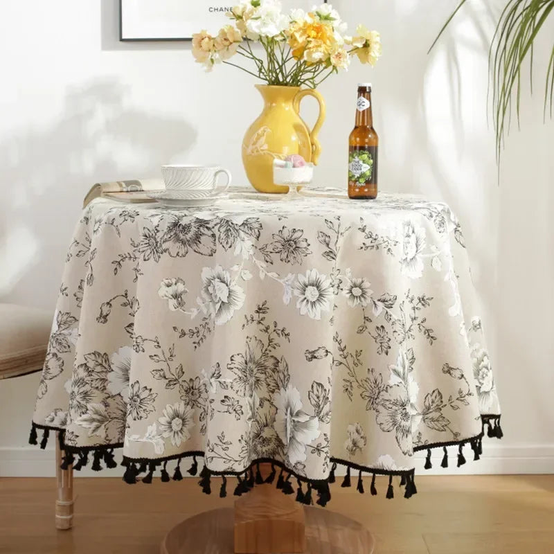 Cotton Linen Nodic Pastoral Black Peonies Black Tassel 150cm Round Tablecloth for Coffee Tables Table Cover Round Table Cloth