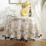 Cotton Linen Nodic Pastoral Black Peonies Black Tassel 150cm Round Tablecloth for Coffee Tables Table Cover Round Table Cloth