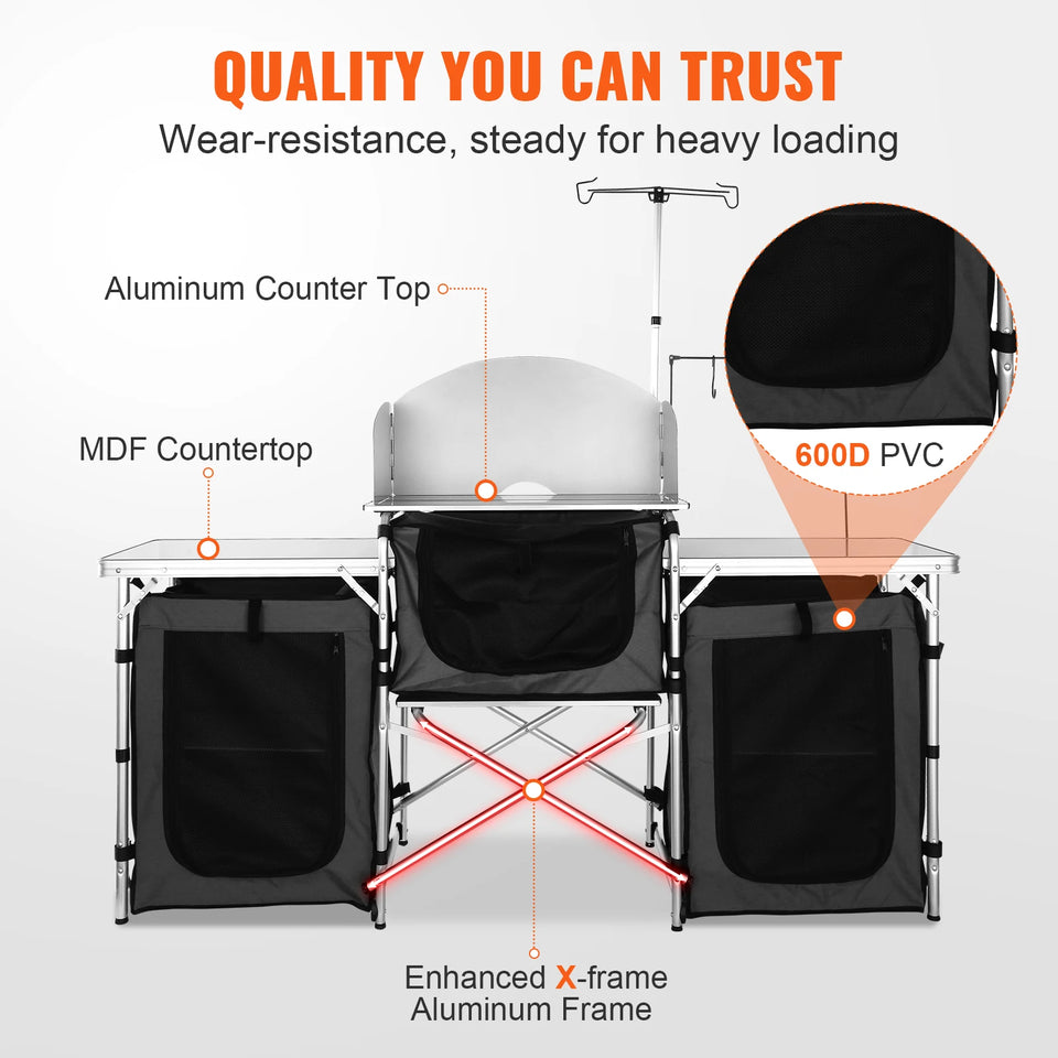 SucceBuy Camping Outdoor Kitchen Table Cabinet Foldable Folding Cooking Storage Rack X-Shaped Aluminum Alloy Bracket for BBQ