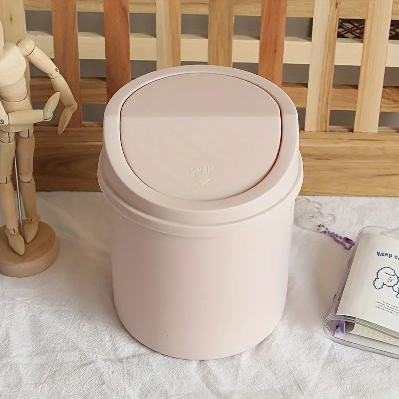 1pc Mini Desktop Trash Can with Lid - Cylindrical Tabletop Waste Bin, Easy To Clean Screw-Off Cap for Office and Coffee Bar
