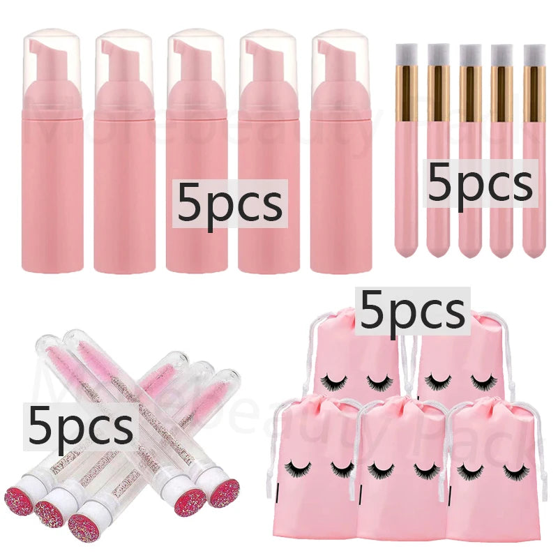 20Pcs Eyelash Cleaning Tool Set 60ml Plastic Empty Foam Pump Bottle Cleaning Brush Eyelash Wand EVA Storage Bag Skin Care Tools
