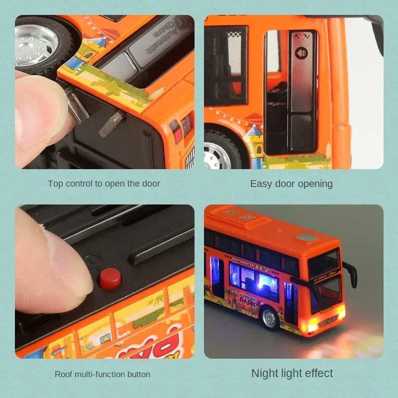 Children Inertia Pull Back Vehicles Toy Double Decker Sightseeing Bus Open Door Lights Music Die Cast Vehicles Toys for Boys