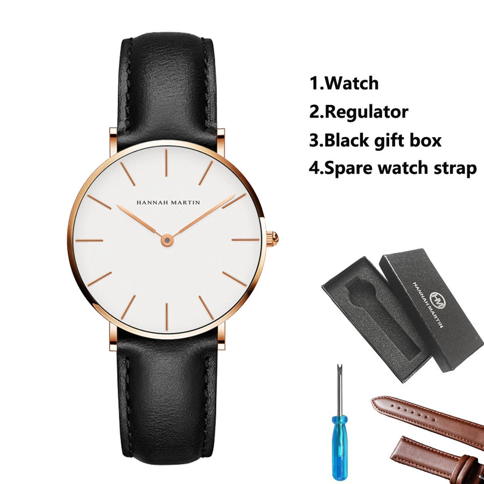 1 Set Women Leather Watches Minimalist Style 6.9mm Ultra Thin Dial Black Gift Box Adjuster Spare Strap Women's Dress Wristwatch