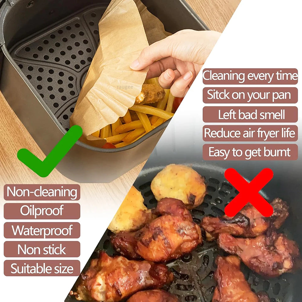 Air Fryer Liners Disposable 100pcs Parchment Paper Square Liners Round Liners Free of Bleach Non-Stick Oil-proof and Waterproof