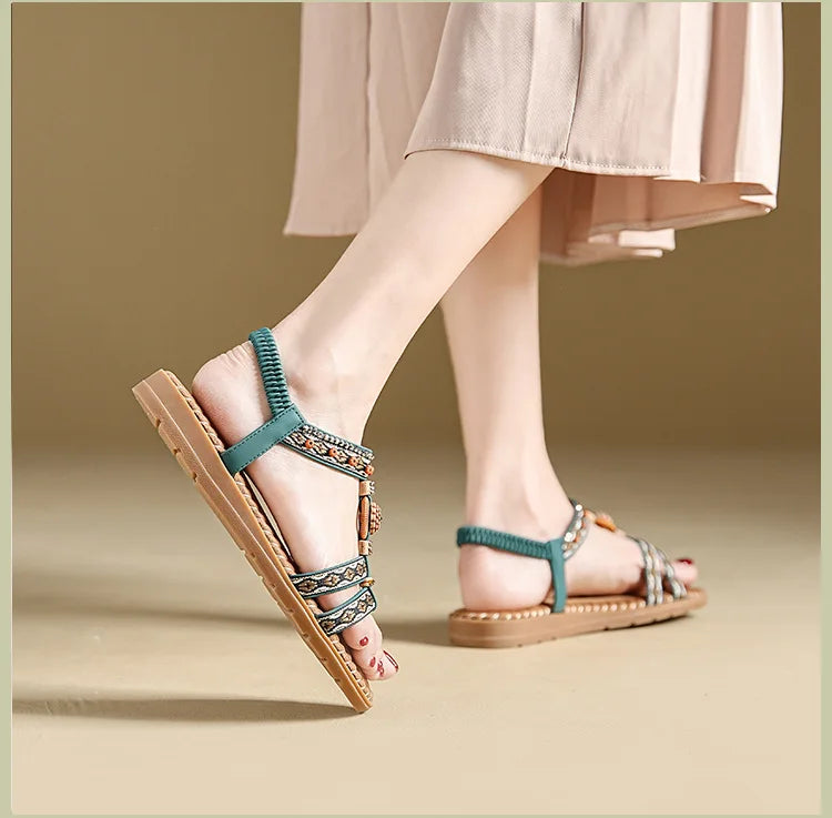 Women's sandals summer bohemian one line elegant slimming anti slip comfortable daily vacation flat beach shoes