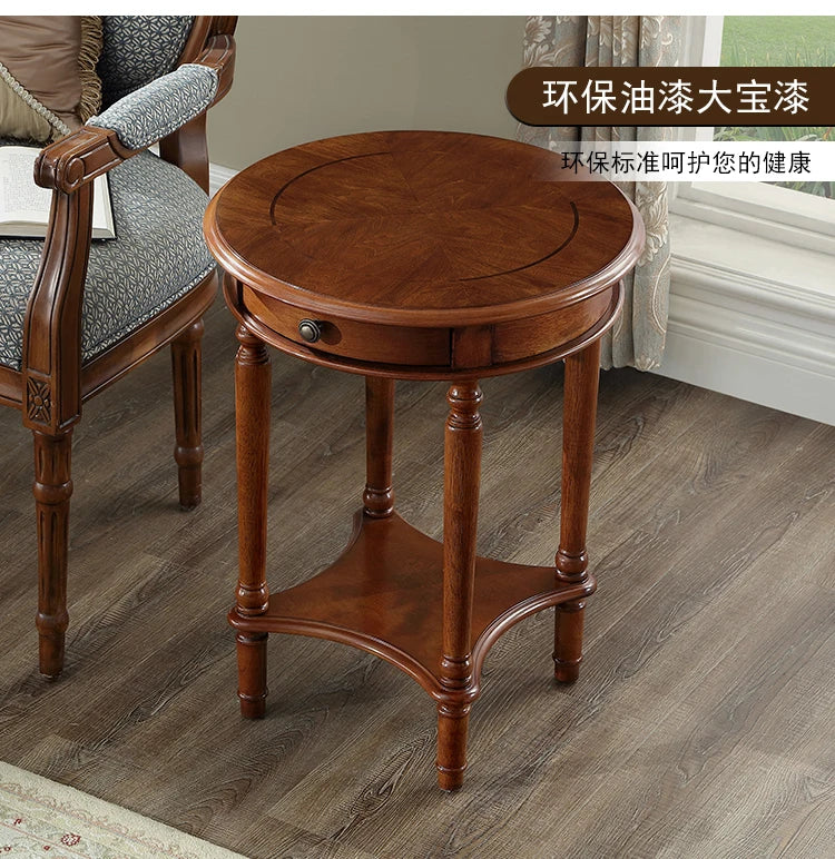 Solid Wood Sofa Side Table American Living Room round Desk European-Style Coffee Surface Casual Telephone Shelf for Entryway