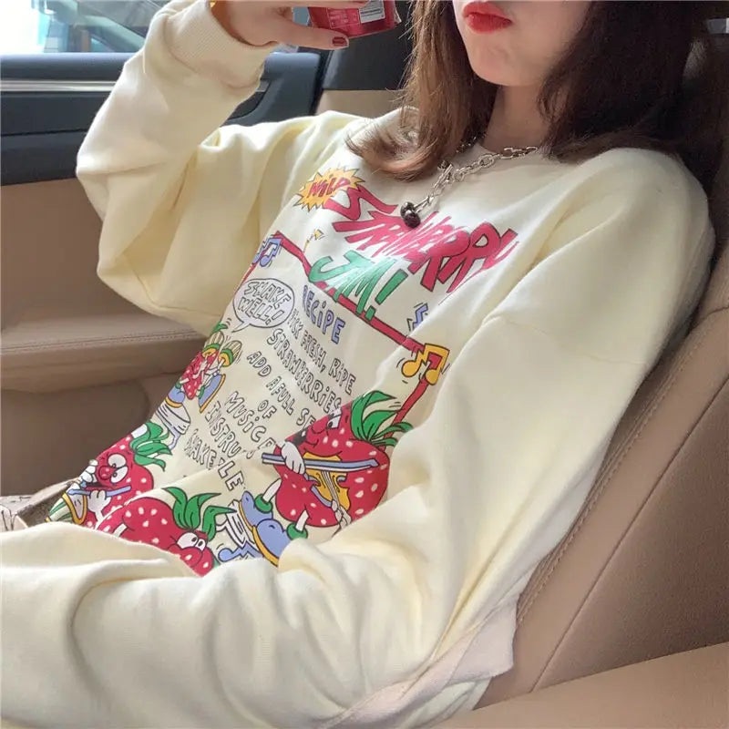 Harajuku Retro Top Strawberry Print Sweatshirt  Women Loose Streetwear Sweatshirts American  Oversized Pullovers