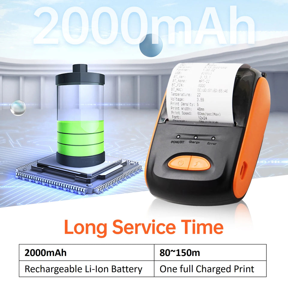 Receipt Printer Portable 58mm Mobile Thermal Printer Wireless BT Mini Bill Ticket Printing Printer with 1pcs Thermal Paper Rolls