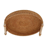 Coffee Table Decorative Tray Traditional Design Round Serving Tray with Solid Wood Handle Hand Woven Large Capacity for Home